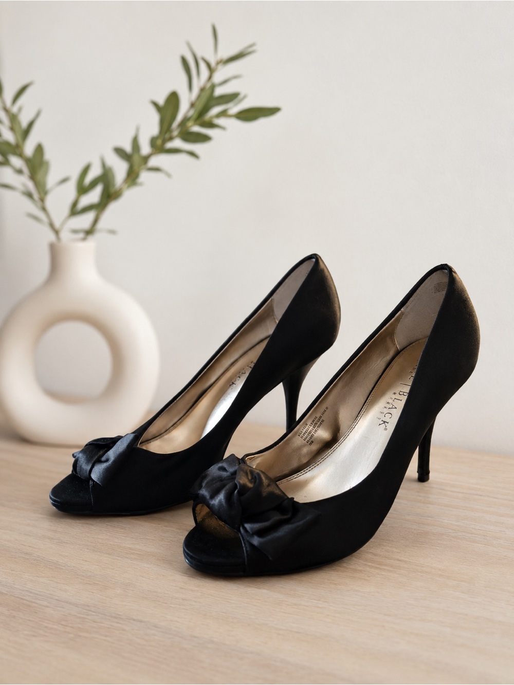 Black Satin Bow Peep Toe Heels | Stiletto Pumps | Y2K Glam | Size 7 Vintage Heel